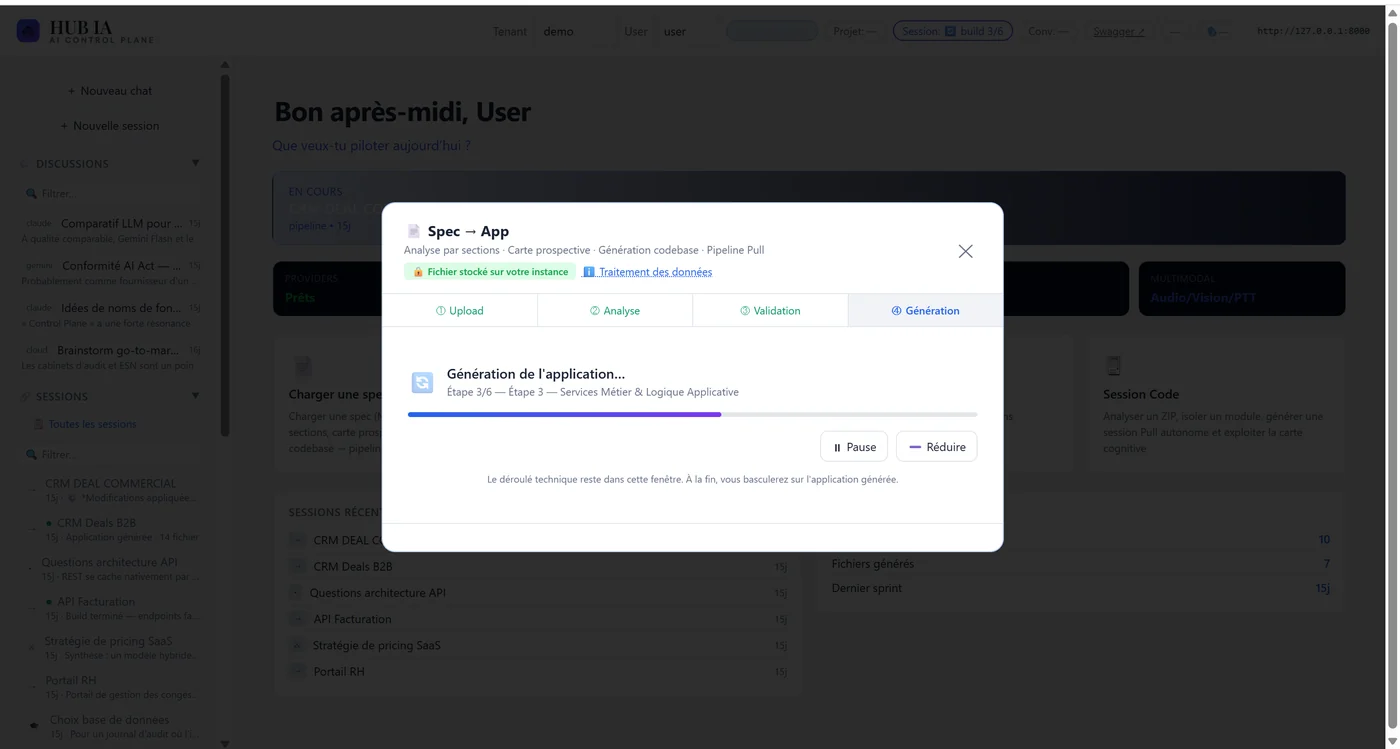 Spec-to-App pipeline: the agent describes its changes, the generated app runs in the integrated emulator.
